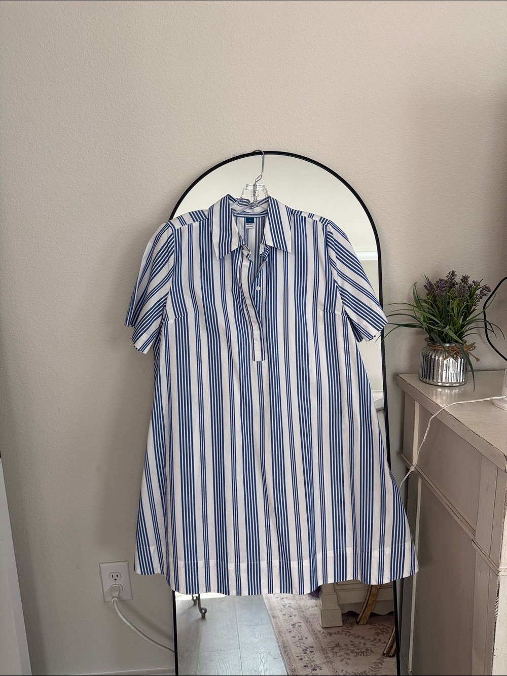 Blue and White Striped Short-Sleeve A-line Shirt Dress with pockets